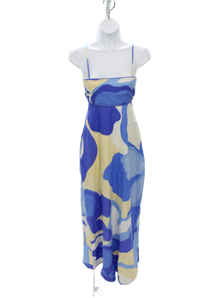 Sabo Womens Maxi Dress Blue Linen Geometric Square Neck Sleeveless Zip Size 2XS