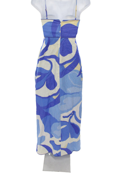 Sabo Womens Maxi Dress Blue Linen Geometric Square Neck Sleeveless Zip Size 2XS