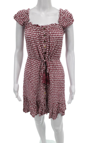 Tiare Hawaii Women Mini Dress Red Rayon Square Neck Short Sleeve Size S