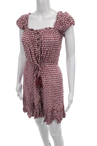 Tiare Hawaii Women Mini Dress Red Rayon Square Neck Short Sleeve Size S