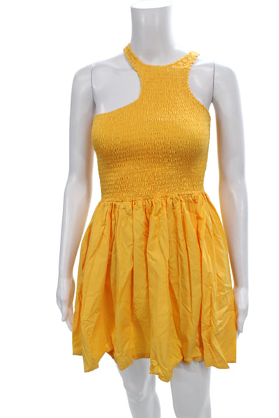 S/W/F Womens One Shoulder Mini Dress Yellow Cotton Sleeveless Beach Size XS