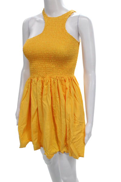 S/W/F Womens One Shoulder Mini Dress Yellow Cotton Sleeveless Beach Size XS