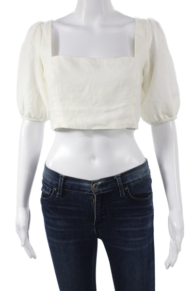 Reformation Women Cropped Linen Blouse White Square Neck Short Sleeve Size 4