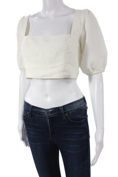 Reformation Women Cropped Linen Blouse White Square Neck Short Sleeve Size 4