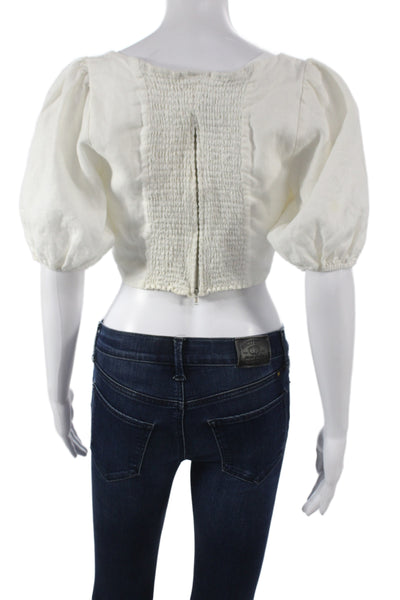 Reformation Women Cropped Linen Blouse White Square Neck Short Sleeve Size 4
