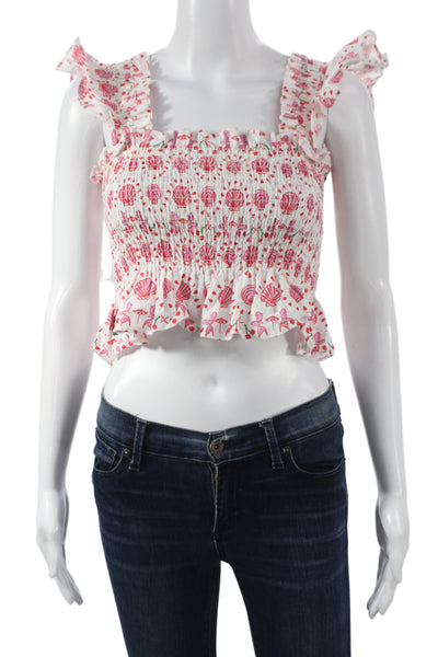 Hill House Women Cropped Floral Linen Square Neck Pullover Blouse Pink Size XS