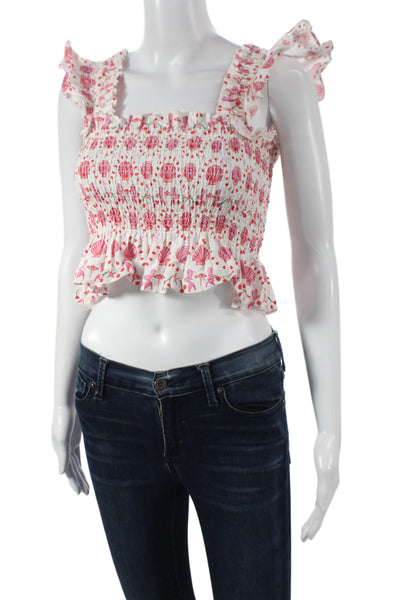Hill House Women Cropped Floral Linen Square Neck Pullover Blouse Pink Size XS