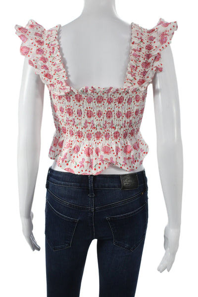 Hill House Women Cropped Floral Linen Square Neck Pullover Blouse Pink Size XS
