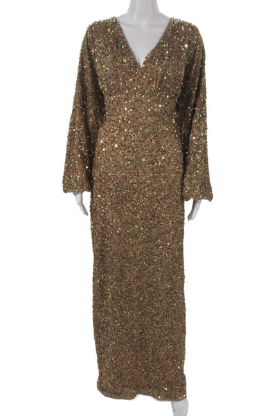 Mac Duggal Women Gold Maxi Dress V-Neck Long Sleeve Zip 100% Polyester Size 6