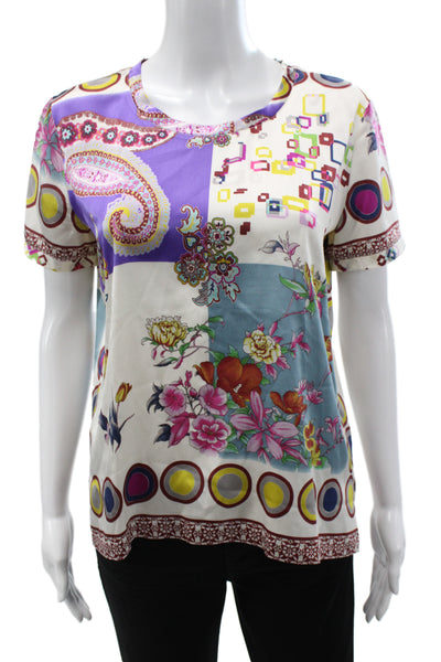 Etro Milano Women Basic Short Sleeve Silk Floral Round Neck T-Shirt Size 46