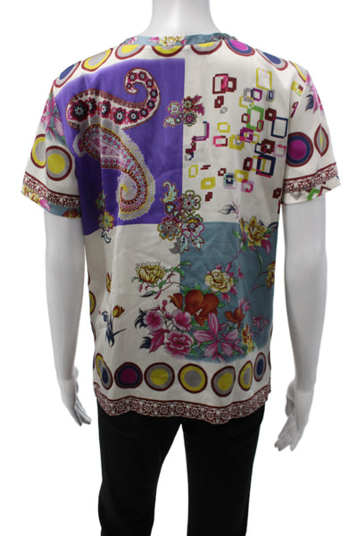Etro Milano Women Basic Short Sleeve Silk Floral Round Neck T-Shirt Size 46