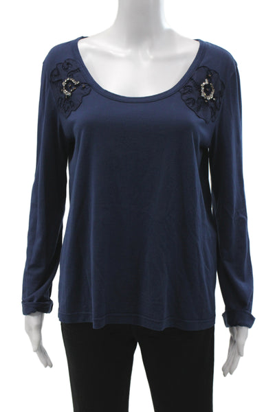 Chloe Womens T-Shirt Long Sleeve Scoop Neck Blue Embellished Cotton Size M