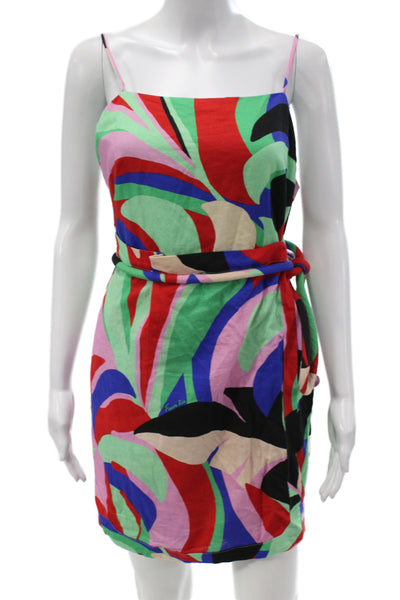 Farm Rio Women Multicolor Mini Dress Tie Waist Square Neck Linen Size S