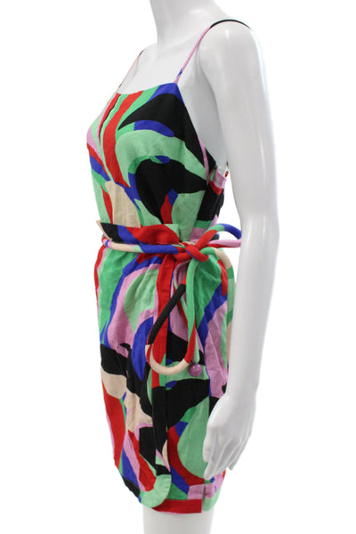 Farm Rio Women Multicolor Mini Dress Tie Waist Square Neck Linen Size S