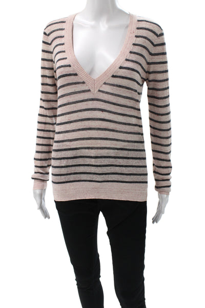 Veronica Beard Womens Pullover Sweater Beige Striped V-Neck Long Sleeve Size S