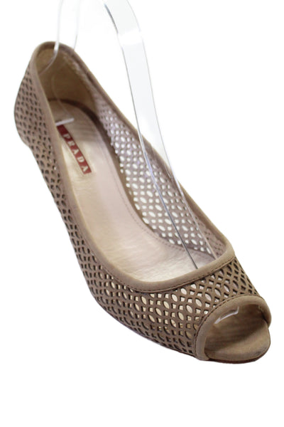 Prada Womens Leather Laser Cut Peep Toe Kitten Heels Shoes Beige Size 7