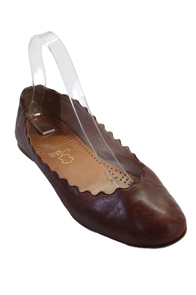 Chloe Womens Leather Scalloped Ballet Flats Shoes Chocolate Size 7