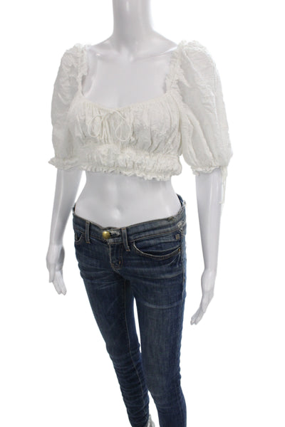 For Love & Lemons Women Cropped White Square Neck Short Sleeve Blouse Size S