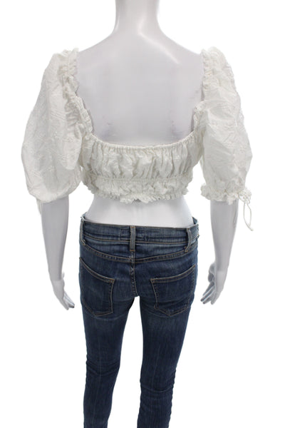 For Love & Lemons Women Cropped White Square Neck Short Sleeve Blouse Size S