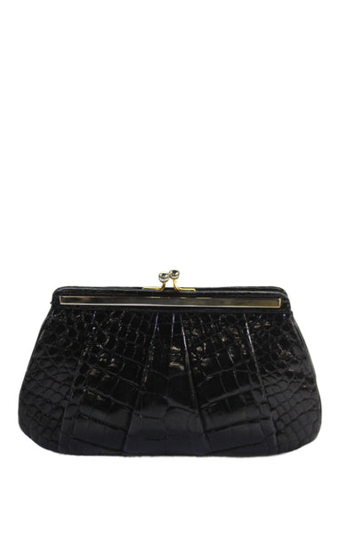 Judith Leiber Womens Leather Crocodile Print Pleated Front Clutch Handbag Black