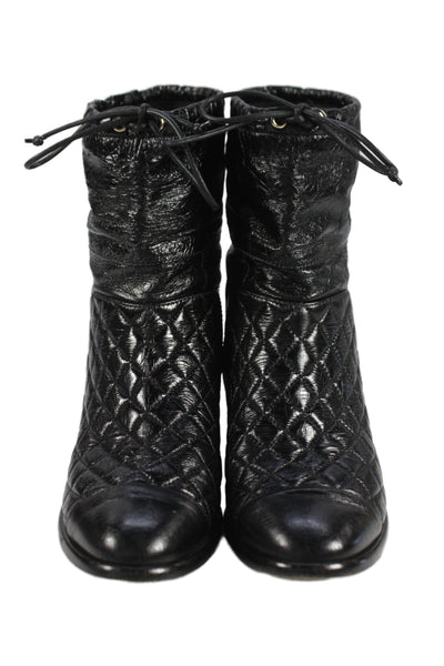 Chanel Womens Block Heel Drawstring CC Quilted Leather Boots Black Size 38