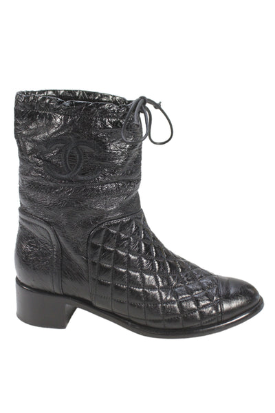 Chanel Womens Block Heel Drawstring CC Quilted Leather Boots Black Size 38
