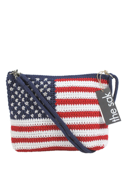The Sak Womens Braided Straip Zip Top Knit American Flag Shoulder Handbag Blue