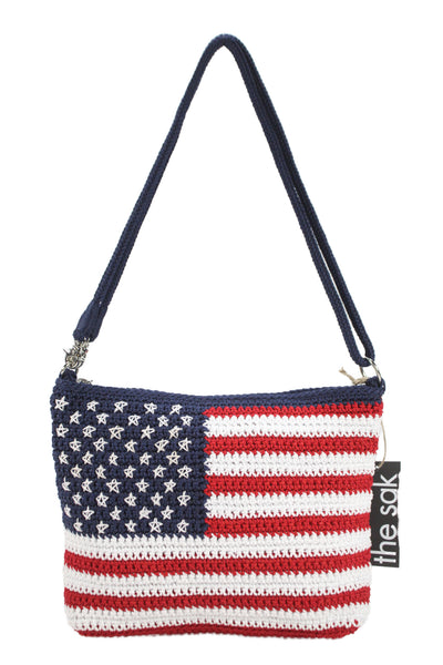 The Sak Womens Braided Straip Zip Top Knit American Flag Shoulder Handbag Blue