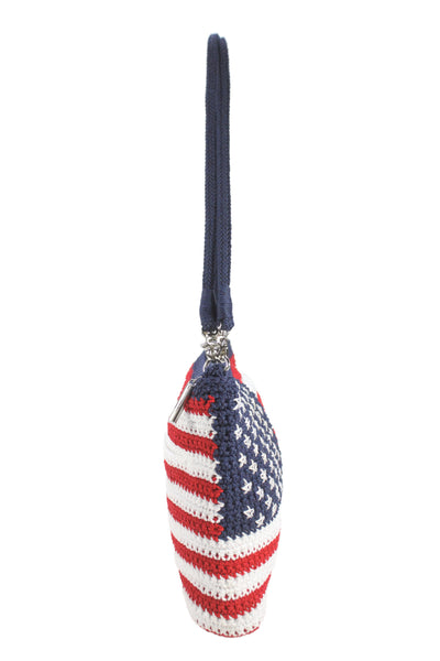 The Sak Womens Braided Straip Zip Top Knit American Flag Shoulder Handbag Blue