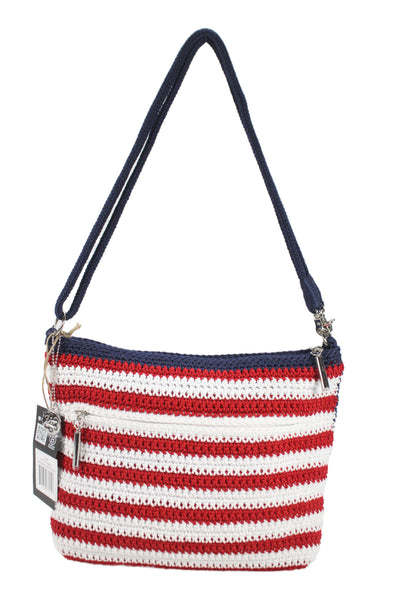 The Sak Womens Braided Straip Zip Top Knit American Flag Shoulder Handbag Blue