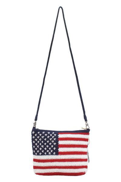 The Sak Womens Braided Straip Zip Top Knit American Flag Shoulder Handbag Blue