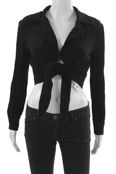 Reformation Women Cropped Collared Tie Blouse Black Long Sleeve Rayon Size XS
