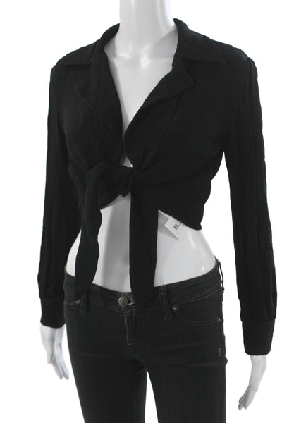 Reformation Women Cropped Collared Tie Blouse Black Long Sleeve Rayon Size XS