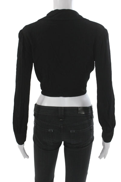 Reformation Women Cropped Collared Tie Blouse Black Long Sleeve Rayon Size XS