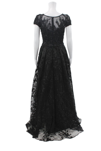 Mac Duggal Women A-Line Scoop Neck Black Floral Dress Short Sleeve Zip Size 2