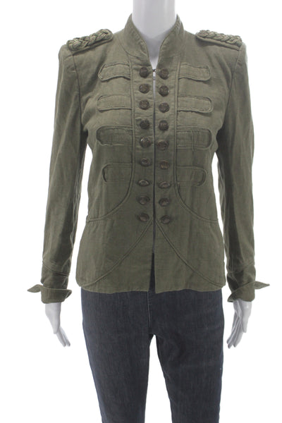 Maje Women Military Jacket Green Linen Button Long Sleeve Size 38
