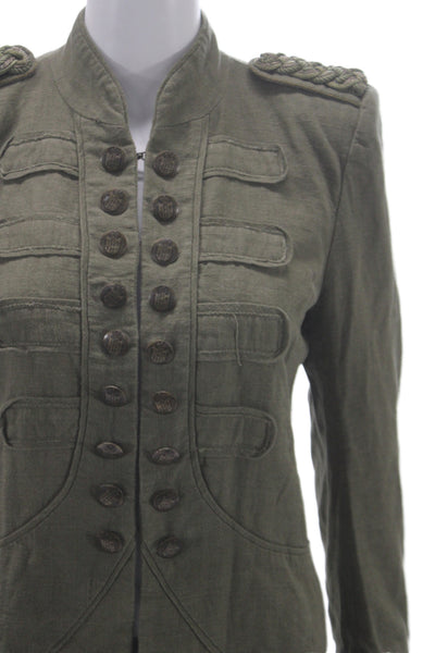 Maje Women Military Jacket Green Linen Button Long Sleeve Size 38
