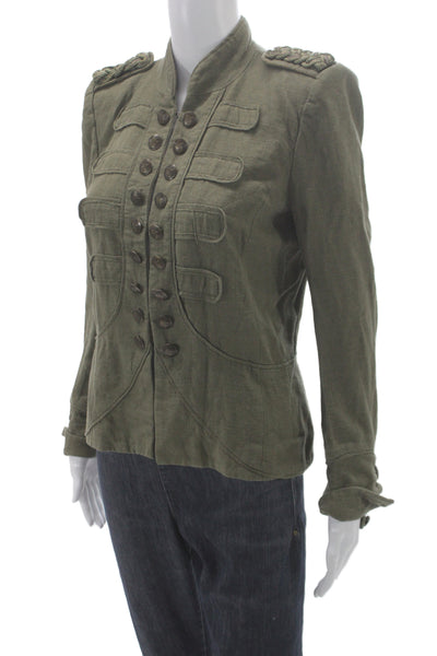 Maje Women Military Jacket Green Linen Button Long Sleeve Size 38