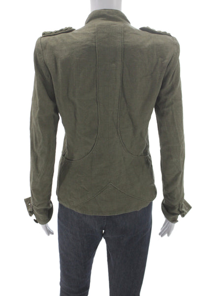 Maje Women Military Jacket Green Linen Button Long Sleeve Size 38