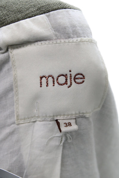 Maje Women Military Jacket Green Linen Button Long Sleeve Size 38