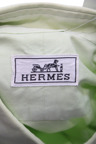 Hermes Mens Button Front Long Sleeve Collared Shirt Green Cotton Size 15.5