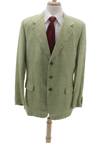 Hermes Mens Plaid Linen Blazer Green Button Size 54