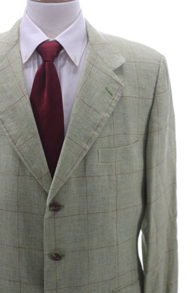 Hermes Mens Plaid Linen Blazer Green Button Size 54