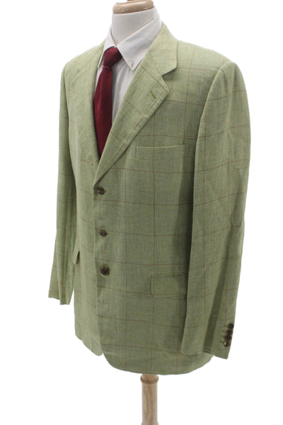 Hermes Mens Plaid Linen Blazer Green Button Size 54