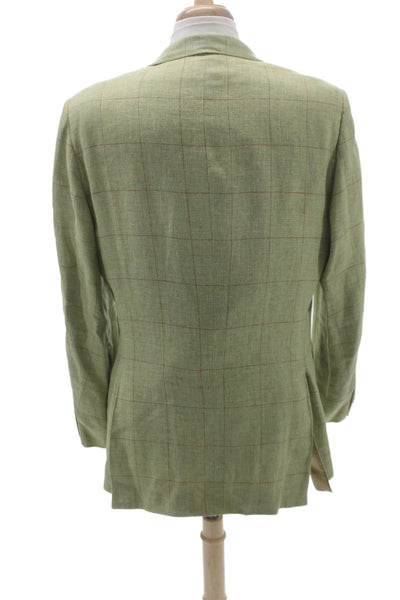 Hermes Mens Plaid Linen Blazer Green Button Size 54
