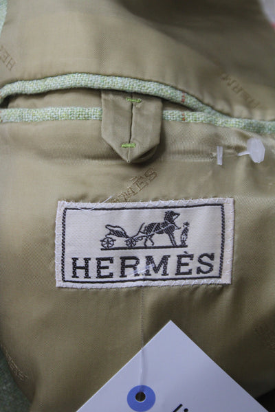 Hermes Mens Plaid Linen Blazer Green Button Size 54