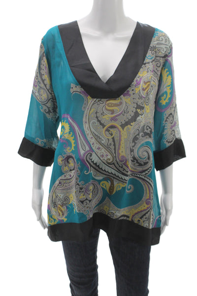 Etro Women Silk Paisley Tunic Blouse 3/4 Sleeve V-Neck Black Size M