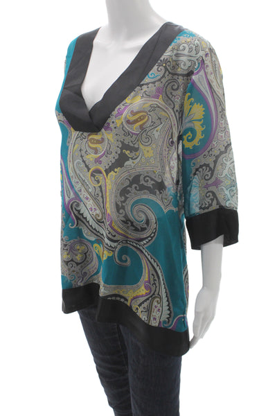 Etro Women Silk Paisley Tunic Blouse 3/4 Sleeve V-Neck Black Size M