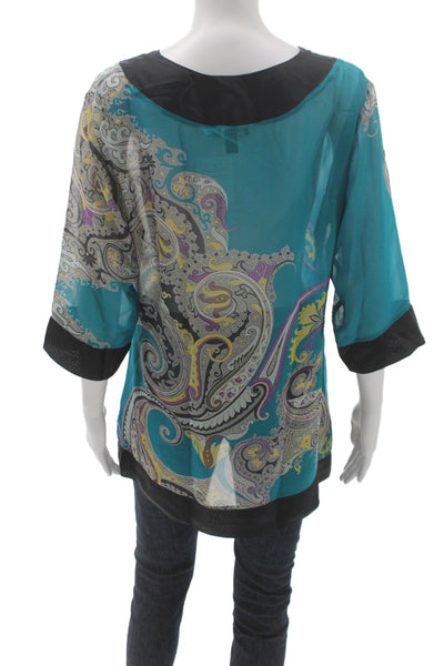 Etro Women Silk Paisley Tunic Blouse 3/4 Sleeve V-Neck Black Size M