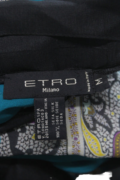 Etro Women Silk Paisley Tunic Blouse 3/4 Sleeve V-Neck Black Size M